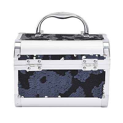 Black and Silver 2 Layer Jewelry Organizer with Sequin Surface, Inside Mirror, Handle and Metallic Lock with Key 