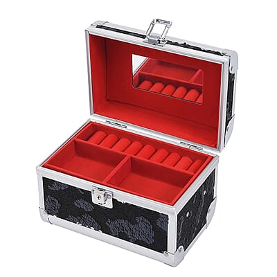 Black and Silver 2 Layer Jewelry Organizer with Sequin Surface, Inside Mirror, Handle and Metallic Lock with Key 