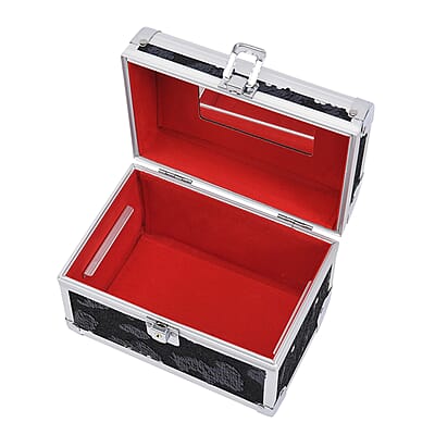 Black and Silver 2 Layer Jewelry Organizer with Sequin Surface, Inside Mirror, Handle and Metallic Lock with Key 