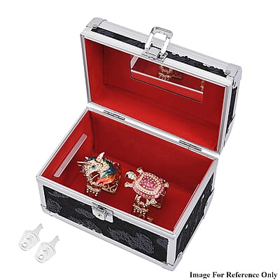 Black and Silver 2 Layer Jewelry Organizer with Sequin Surface, Inside Mirror, Handle and Metallic Lock with Key 