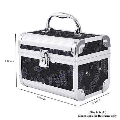 Black and Silver 2 Layer Jewelry Organizer with Sequin Surface, Inside Mirror, Handle and Metallic Lock with Key 