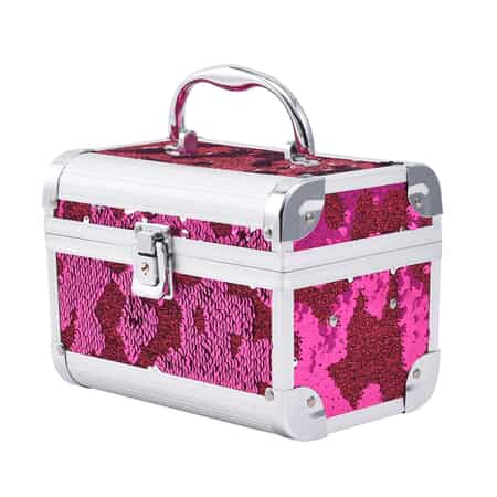 Fuchsia and Silver 2 Layer Jewelry Organizer with Sequin Surface, Inside Mirror, Handle and Metallic Lock with Key image number 0