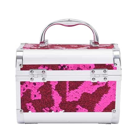 Fuchsia and Silver 2 Layer Jewelry Organizer with Sequin Surface, Inside Mirror, Handle and Metallic Lock with Key image number 2