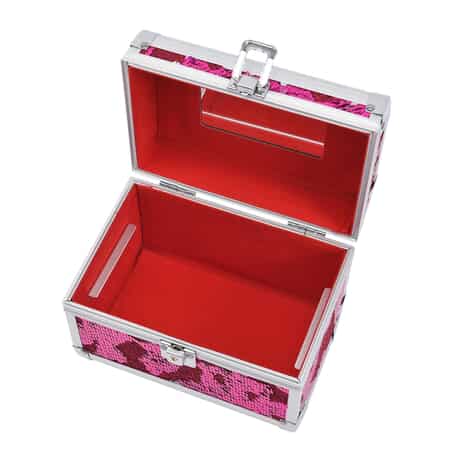 Fuchsia and Silver 2 Layer Jewelry Organizer with Sequin Surface, Inside Mirror, Handle and Metallic Lock with Key image number 4