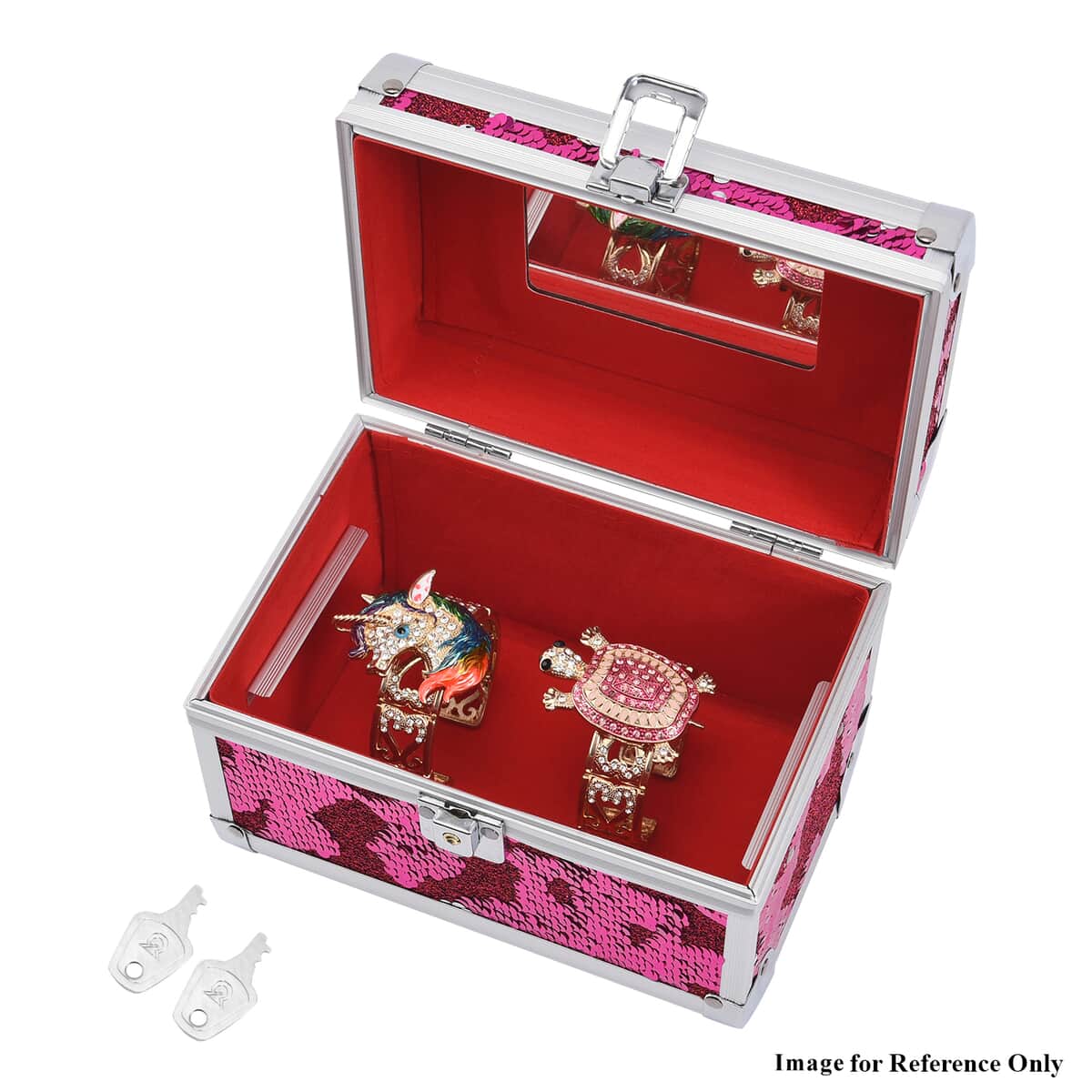 Fuchsia and Silver 2 Layer Jewelry Organizer with Sequin Surface, Inside Mirror, Handle and Metallic Lock with Key image number 5