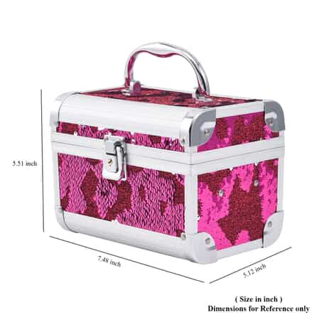 Fuchsia and Silver 2 Layer Jewelry Organizer with Sequin Surface, Inside Mirror, Handle and Metallic Lock with Key image number 6