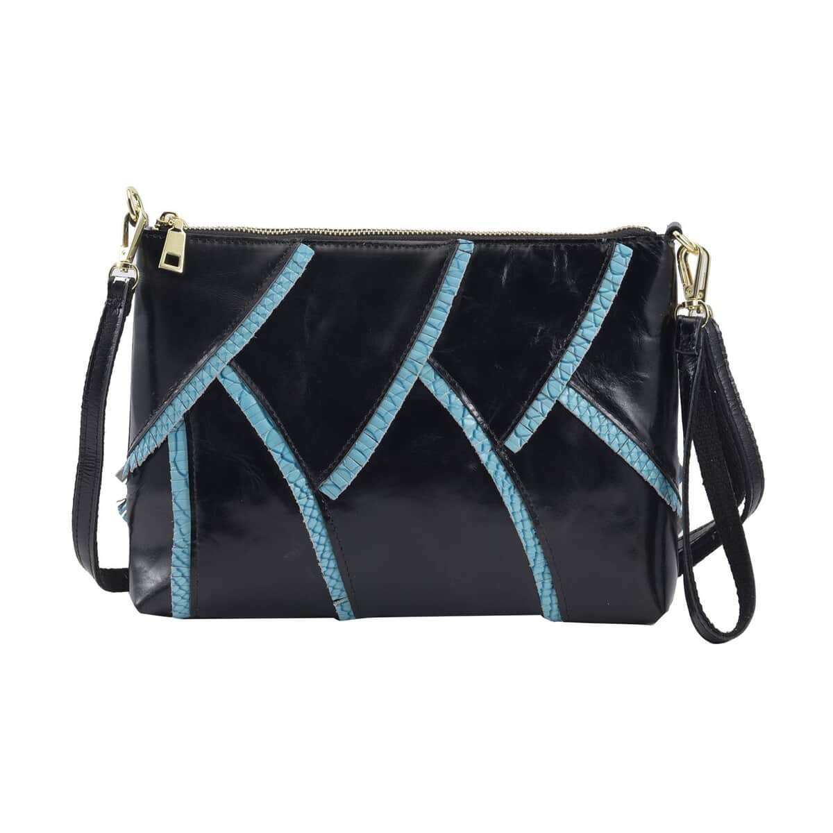 CHAOS Black and Blue Genuine Leather Fish Scale Design Clutch Bag with Long Strap image number 0