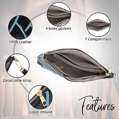 CHAOS Black and Blue Genuine Leather Fish Scale Design Clutch Bag with Long Strap