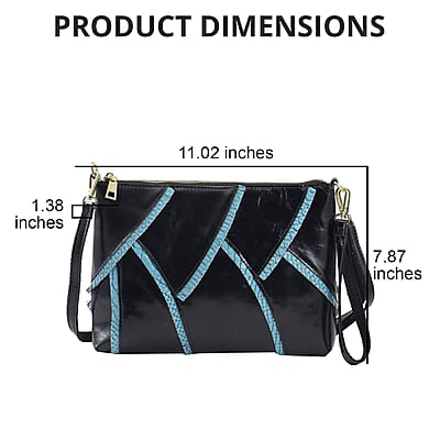 CHAOS Black and Blue Genuine Leather Fish Scale Design Clutch Bag with Long Strap