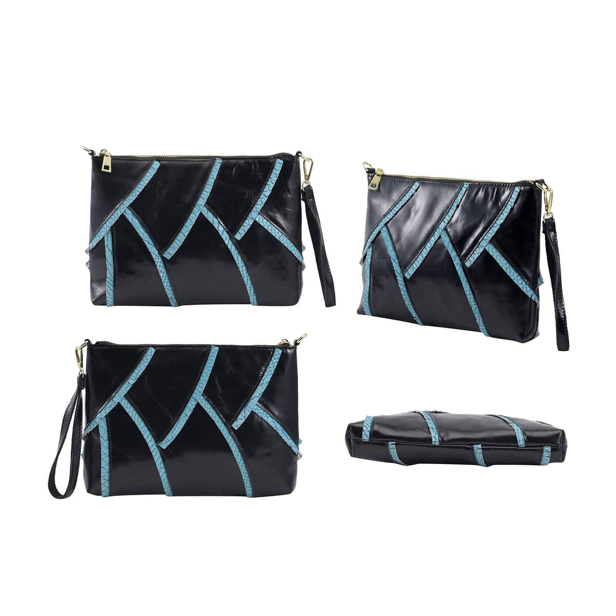 Black and Blue Genuine Leather Fish Scale Design Clutch Bag (11.02"x1.38"x7.87") with Long Strap image number 3