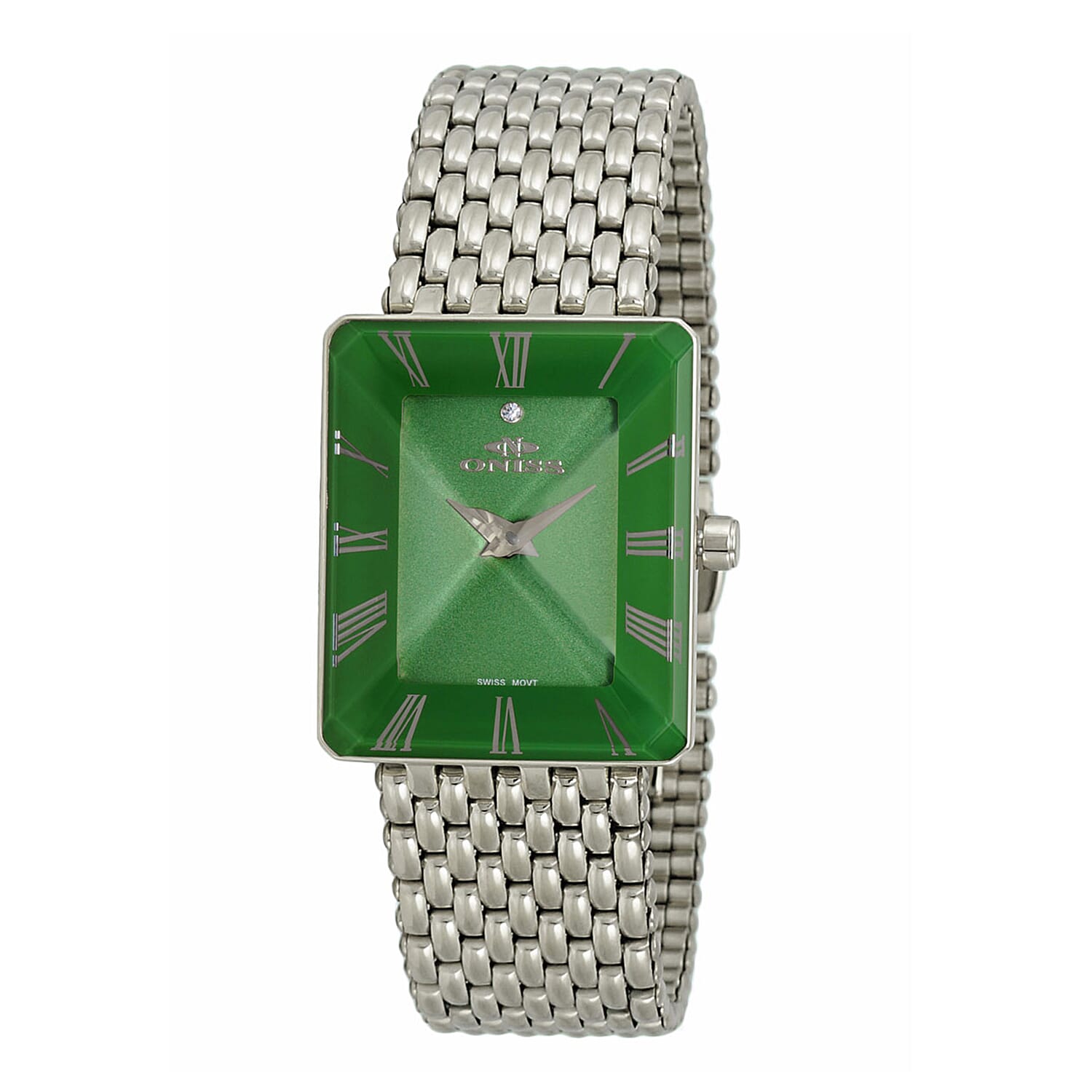 Oniss Austrian Crystal Swiss Movement Sunray Green Dial Watch in Stainless Steel Strap (27 mm)
