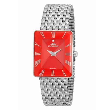 Oniss Austrian Crystal Swiss Movement Sunray Red Dial Watch in Stainless Steel Strap (27 mm) image number 0