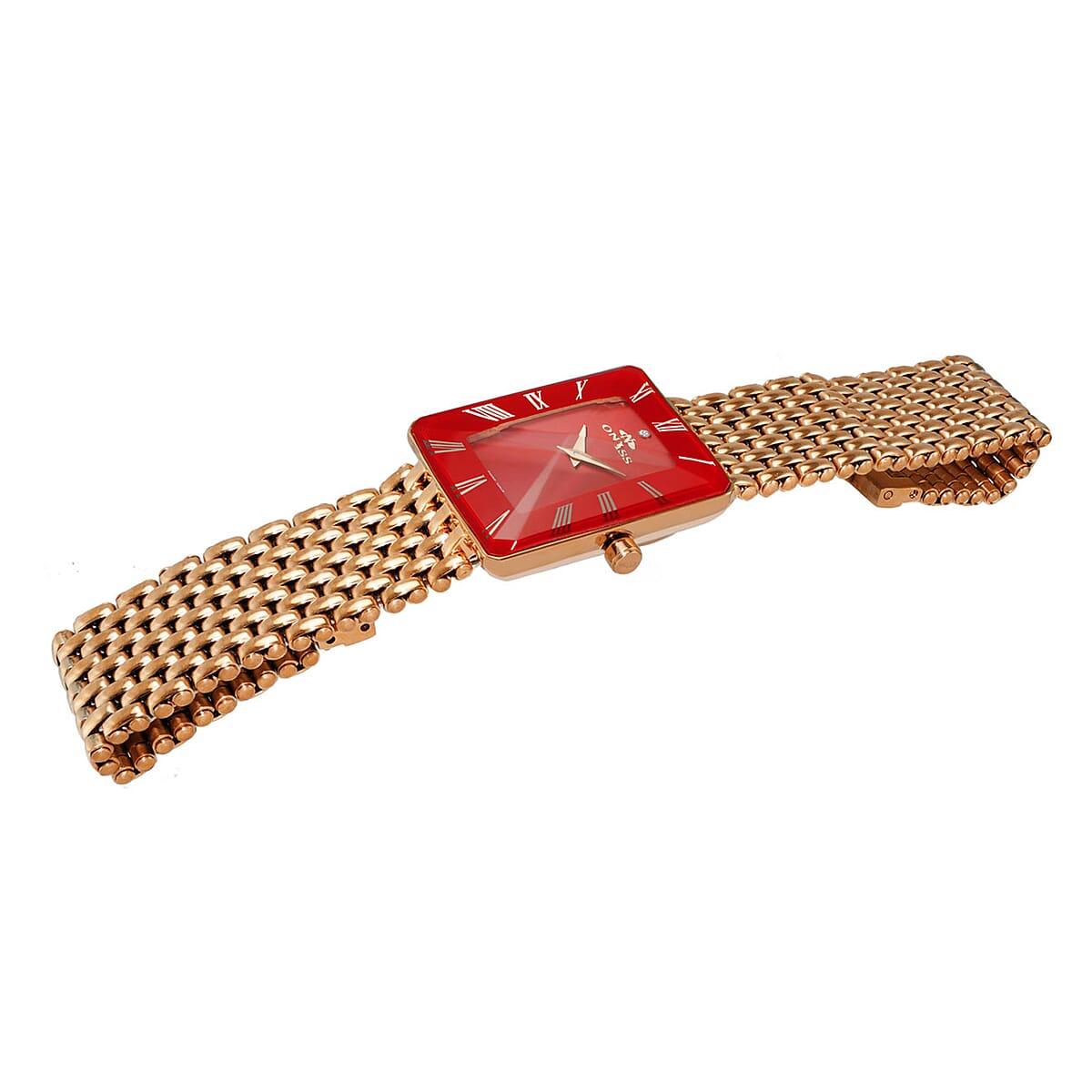 ONISS Austrian Crystal Swiss Movement Sunray Red Dial Watch in ION Plated RG Stainless Steel Strap (27 mm) image number 1