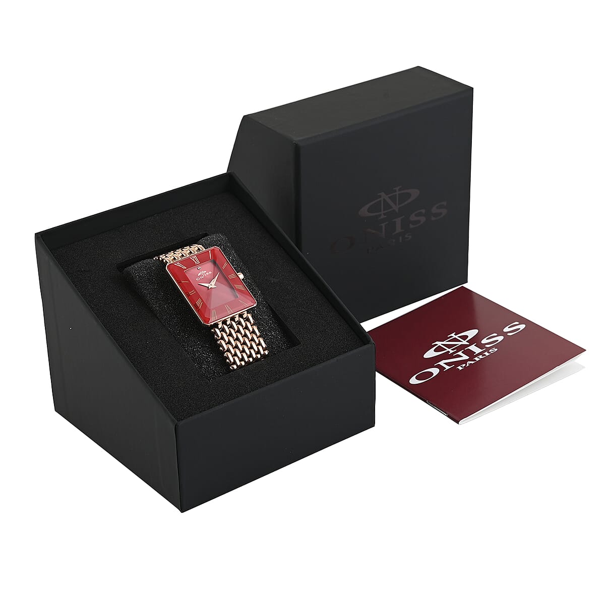 ONISS Austrian Crystal Swiss Movement Sunray Red Dial Watch in ION Plated RG Stainless Steel Strap (27 mm) image number 6