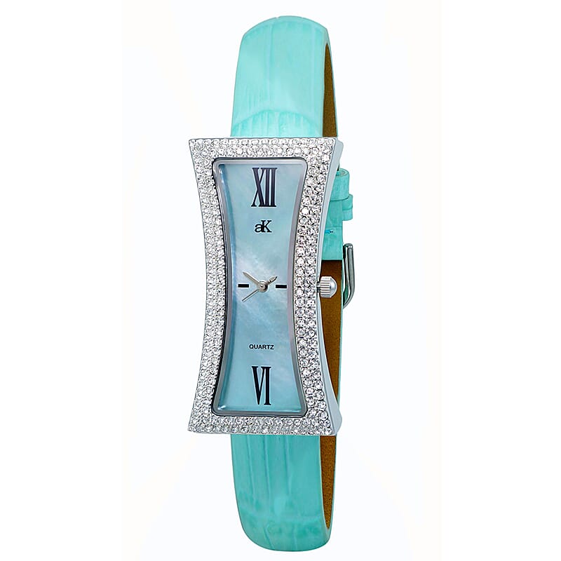 ADEE KAYE Austrian Crystal Japan Quartz Movement Blue MOP Dial Watch in Blue Leather Band (25 mm) | Designer Leather Watch | Analog Luxury Wristwatch