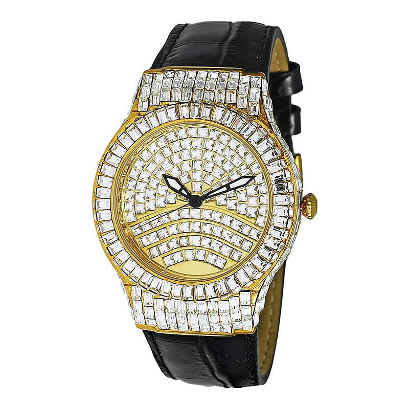 Adee Kaye Austrian Crystal Japan Quartz Movement Goldtone Dial Watch in Black Leather Band (26 mm) | Best Watch for Women | Designer Women's Wrist Watch