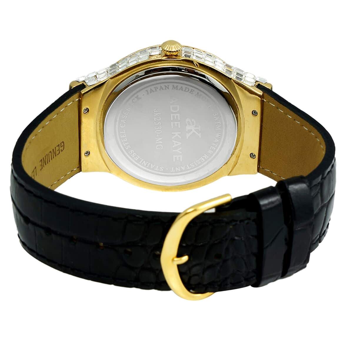 ADEE KAYE Austrian Crystal Japan Quartz Movement Goldtone Dial Watch in Black Leather Band (26 mm) image number 2
