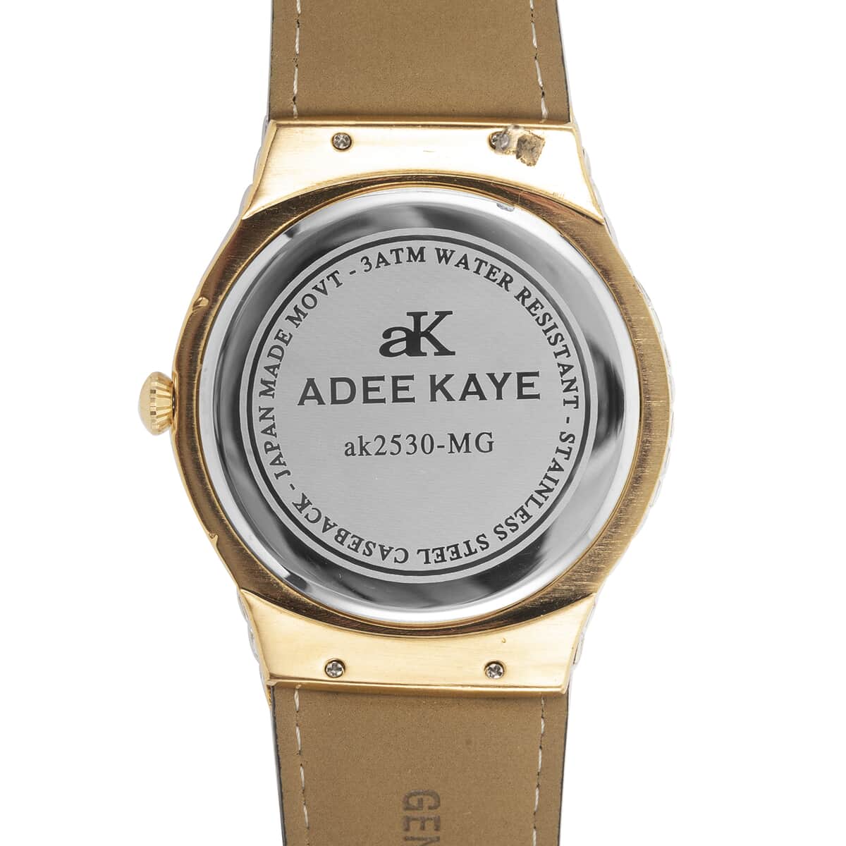ADEE KAYE Austrian Crystal Japan Quartz Movement Goldtone Dial Watch in Black Leather Band (26 mm) image number 4