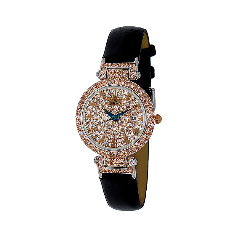 ADEE KAYE Austrian Crystal Japan Quartz Movement Rosetone Dial Watch in Black Leather Band | Designer Leather Watch | Analog Luxury Wristwatch