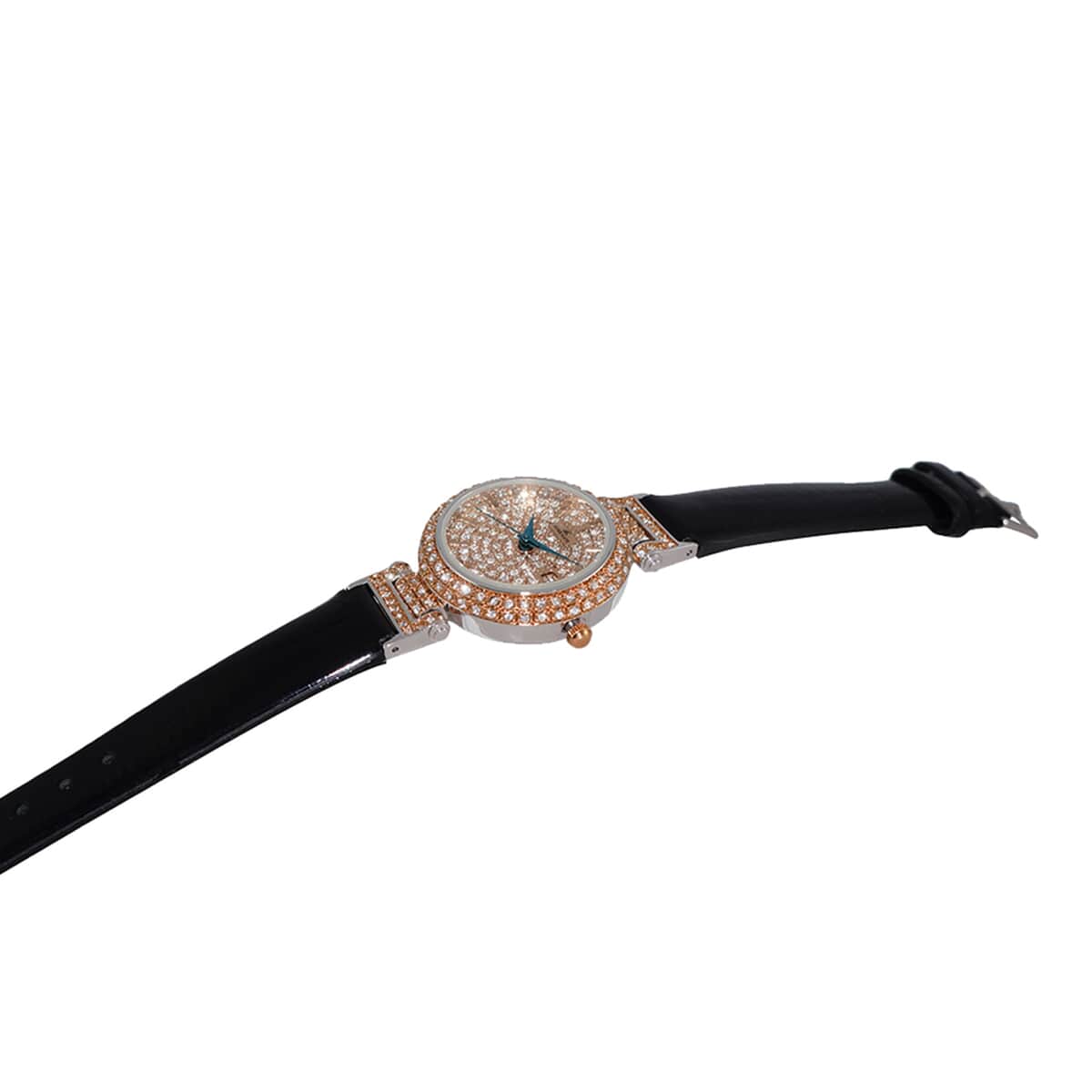 ADEE KAYE Austrian Crystal Japan Quartz Movement Rosetone Dial Watch in Black Leather Band image number 1