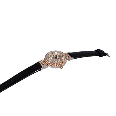 ADEE KAYE Austrian Crystal Japan Quartz Movement Rosetone Dial Watch in Black Leather Band | Designer Leather Watch | Analog Luxury Wristwatch