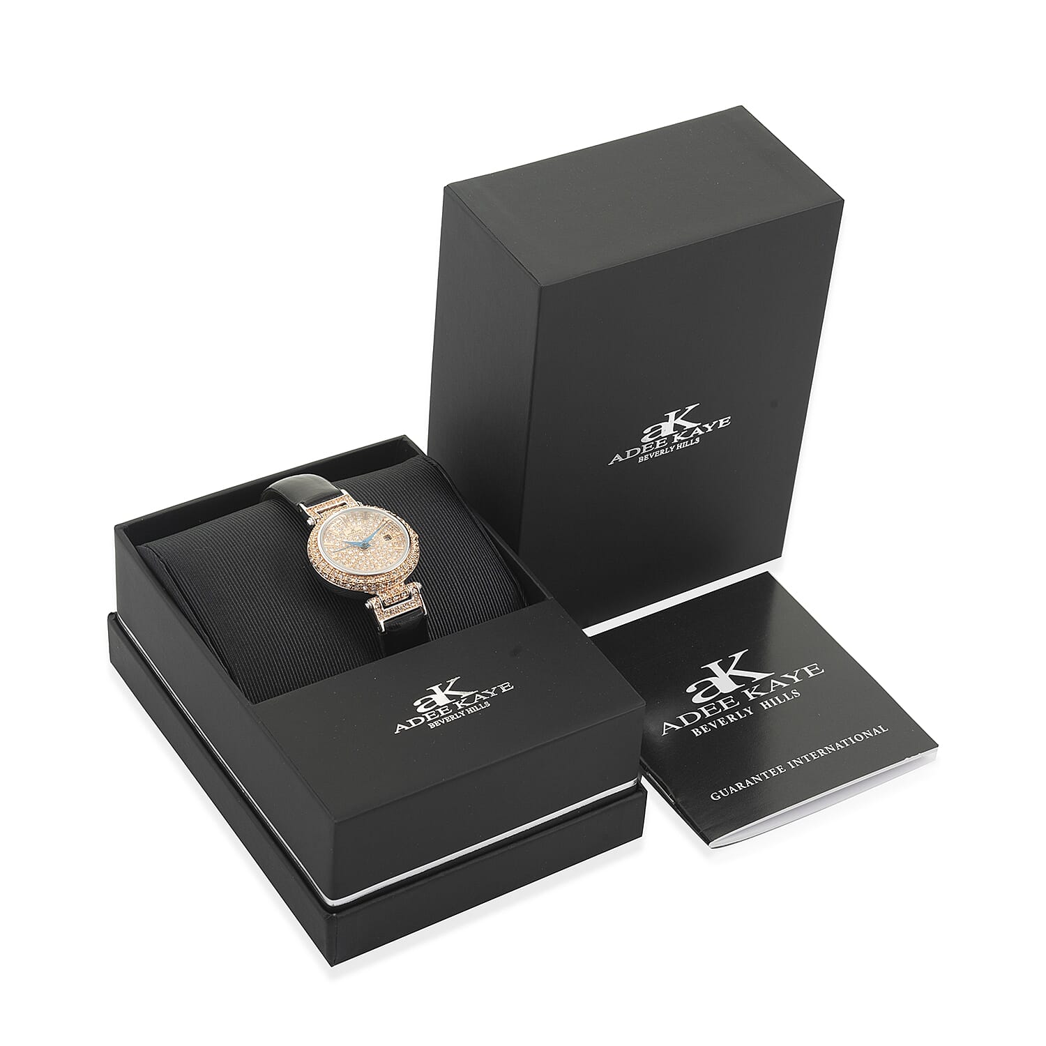 ADEE KAYE Austrian Crystal Japan Quartz Movement Rosetone Dial Watch in Black Leather Band | Designer Leather Watch | Analog Luxury Wristwatch