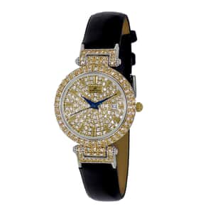 ADEE KAYE Austrian Crystal Japan Quartz Movement Goldtone Dial Watch in Black Leather Band , Designer Leather Watch , Analog Luxury Wristwatch