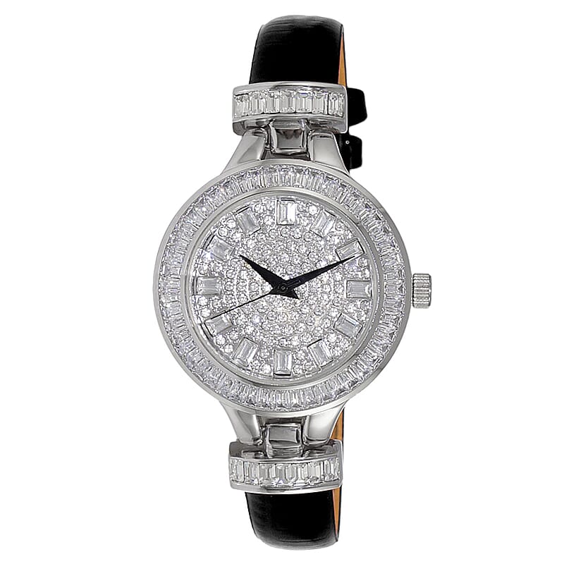 ADEE KAYE Austrian Crystal Japanese Movement Watch in Silvertone and Black Leather Strap (33 mm) | Best Watch for Women | Designer Women's Wrist Watch