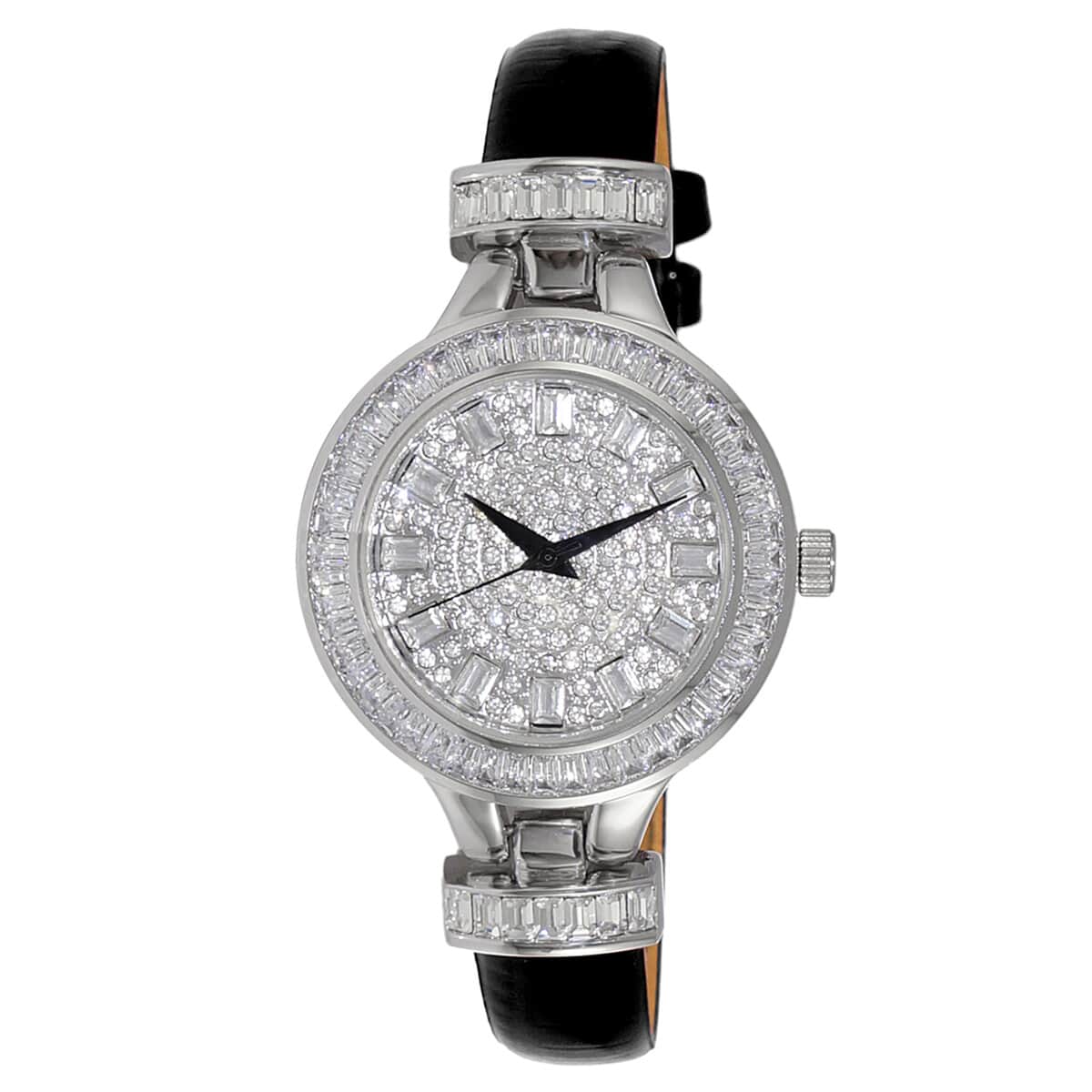 ADEE KAYE Austrian Crystal Japanese Movement Watch in Silvertone and Black Leather Strap (33 mm) image number 0