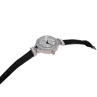 ADEE KAYE Austrian Crystal Japanese Movement Watch in Silvertone and Black Leather Strap (33 mm) | Best Watch for Women | Designer Women's Wrist Watch