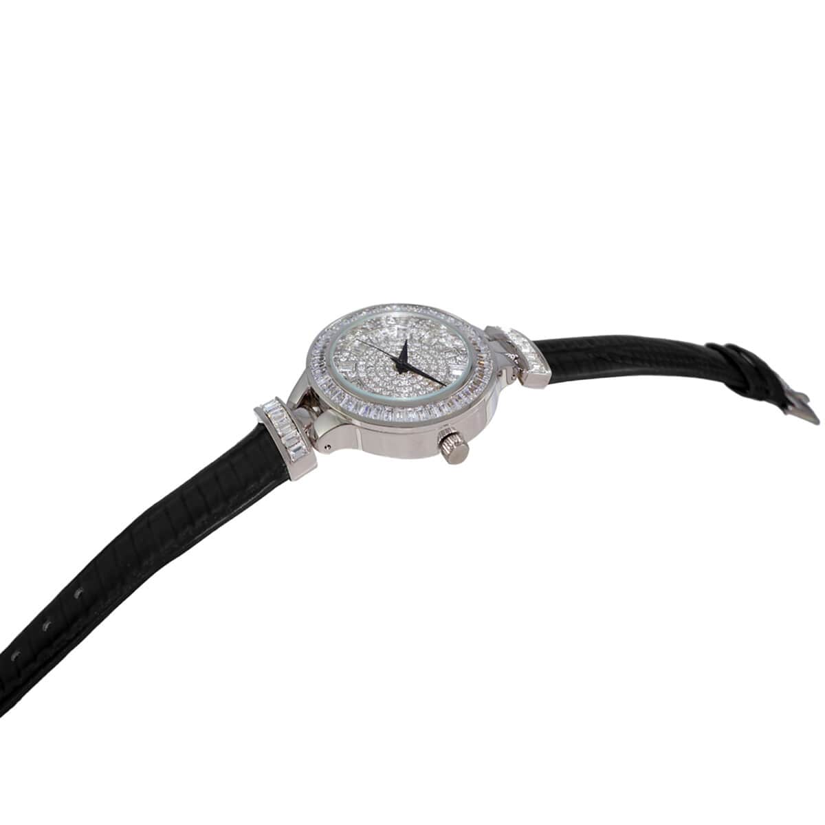 ADEE KAYE Austrian Crystal Japanese Movement Watch in Silvertone and Black Leather Strap (33 mm) image number 1
