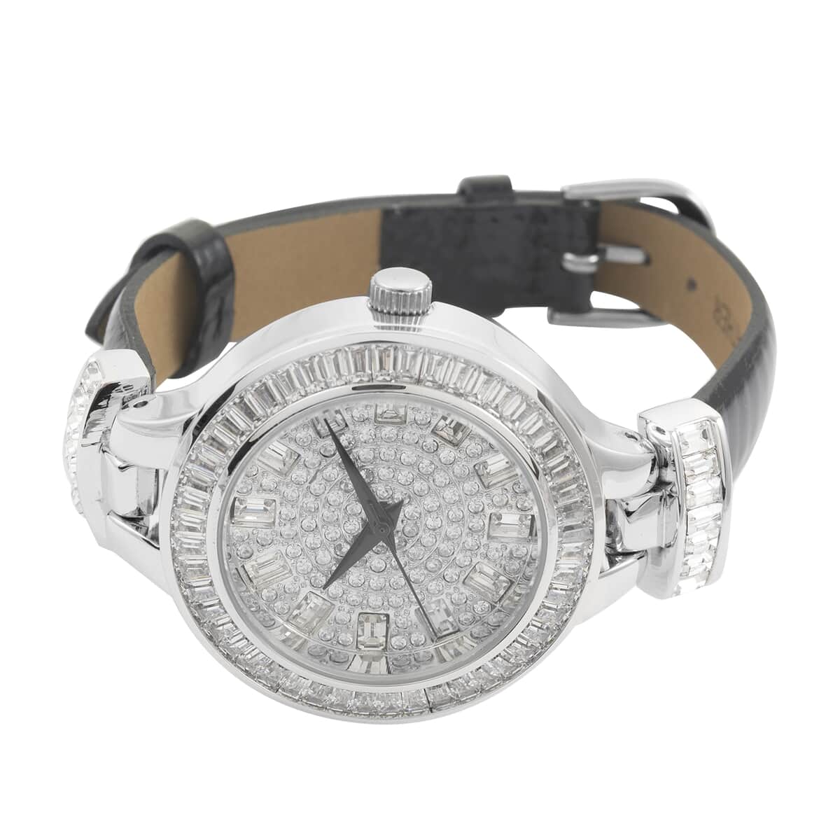 ADEE KAYE Austrian Crystal Japanese Movement Watch in Silvertone and Black Leather Strap (33 mm) image number 3
