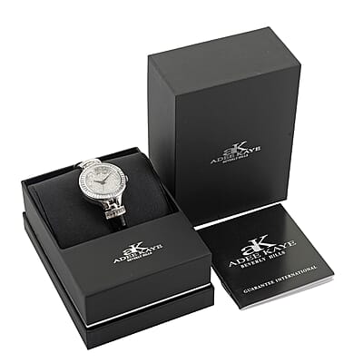 ADEE KAYE Austrian Crystal Japanese Movement Watch in Silvertone and Black Leather Strap (33 mm) | Best Watch for Women | Designer Women's Wrist Watch