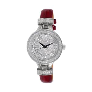 ADEE KAYE Austrian Crystal Japanese Movement Watch in Silvertone and Red Leather Strap (33 mm)