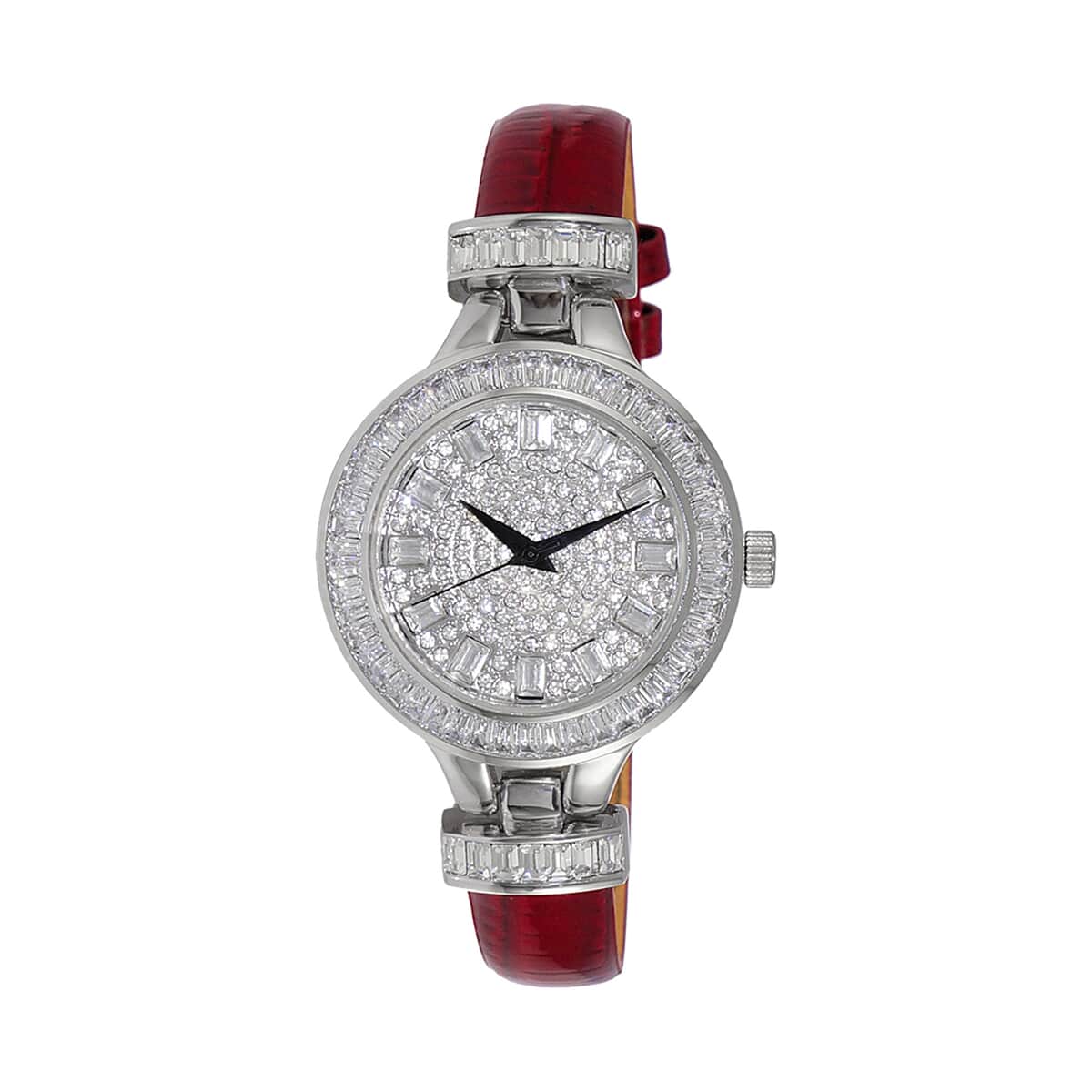 ADEE KAYE Austrian Crystal Japanese Movement Watch in Silvertone and Red Leather Strap (33 mm) image number 0