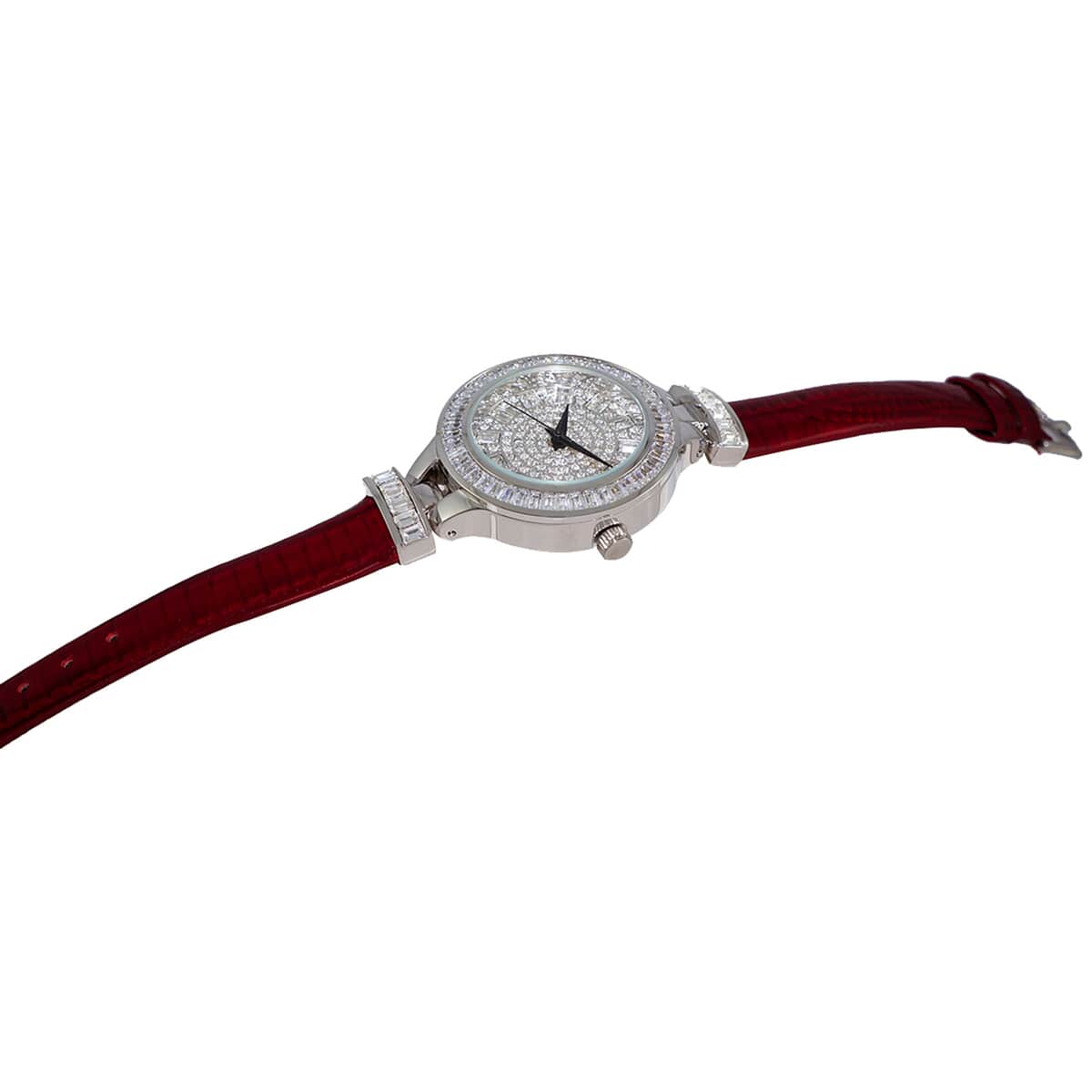 ADEE KAYE Austrian Crystal Japanese Movement Watch in Silvertone and Red Leather Strap (33 mm) image number 1