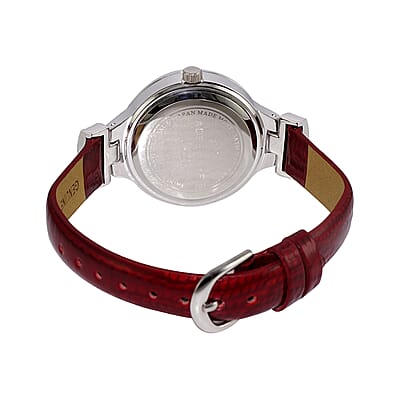 ADEE KAYE Austrian Crystal Japanese Movement Watch in Silvertone and Red Leather Strap (33 mm)
