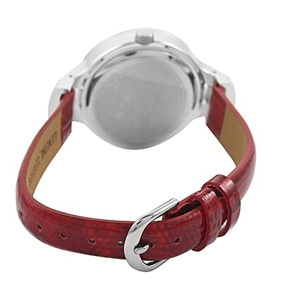 ADEE KAYE Austrian Crystal Japanese Movement Watch in Silvertone and Red Leather Strap (33 mm)