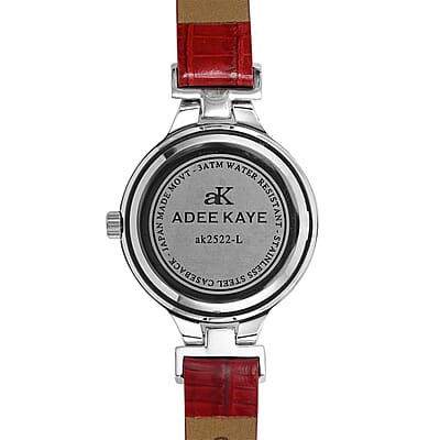 ADEE KAYE Austrian Crystal Japanese Movement Watch in Silvertone and Red Leather Strap (33 mm)