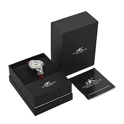 ADEE KAYE Austrian Crystal Japanese Movement Watch in Silvertone and Red Leather Strap (33 mm)