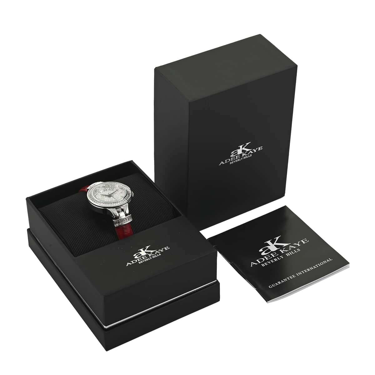 ADEE KAYE Austrian Crystal Japanese Movement Watch in Silvertone and Black Leather Strap (33 mm) image number 6