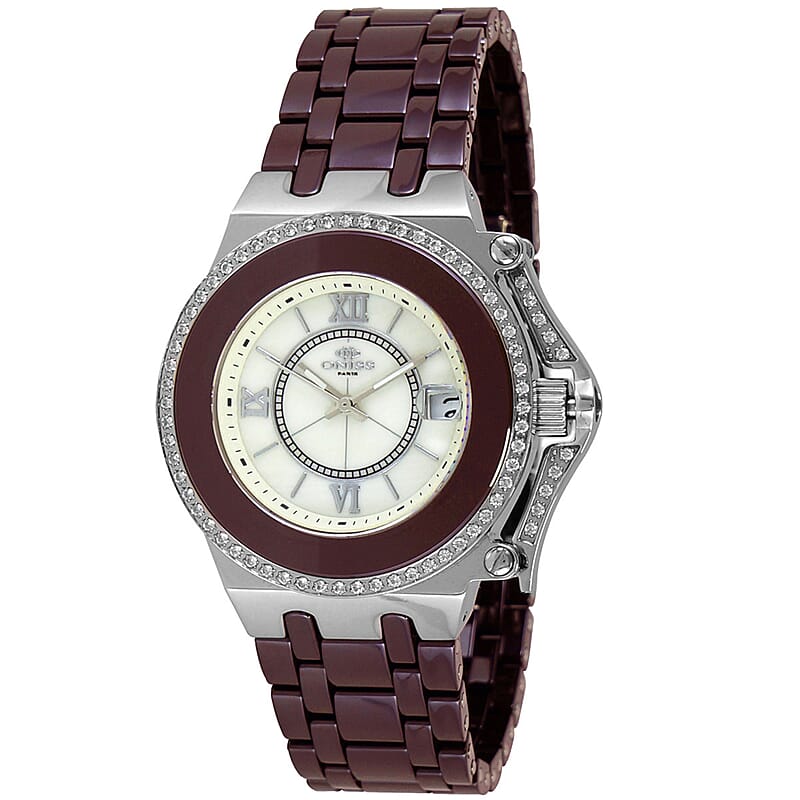 Oniss Austrian Crystal Swiss Movement Shell MOP Dial Watch in Brown Ceramic Strap (38.50 mm) , Designer Bracelet Watch , Analog Luxury Wristwatch