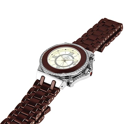 Oniss Austrian Crystal Swiss Movement Shell MOP Dial Watch in Brown Ceramic Strap (38.50 mm) , Designer Bracelet Watch , Analog Luxury Wristwatch