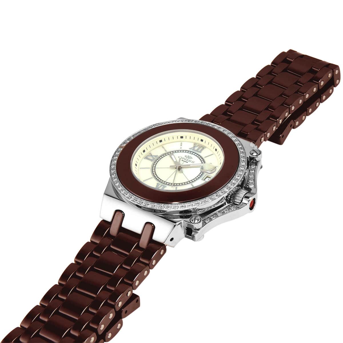 ONISS Austrian Crystal Swiss Movement Shell MOP Dial Watch in Brown Ceramic Strap (38.50 mm) image number 1