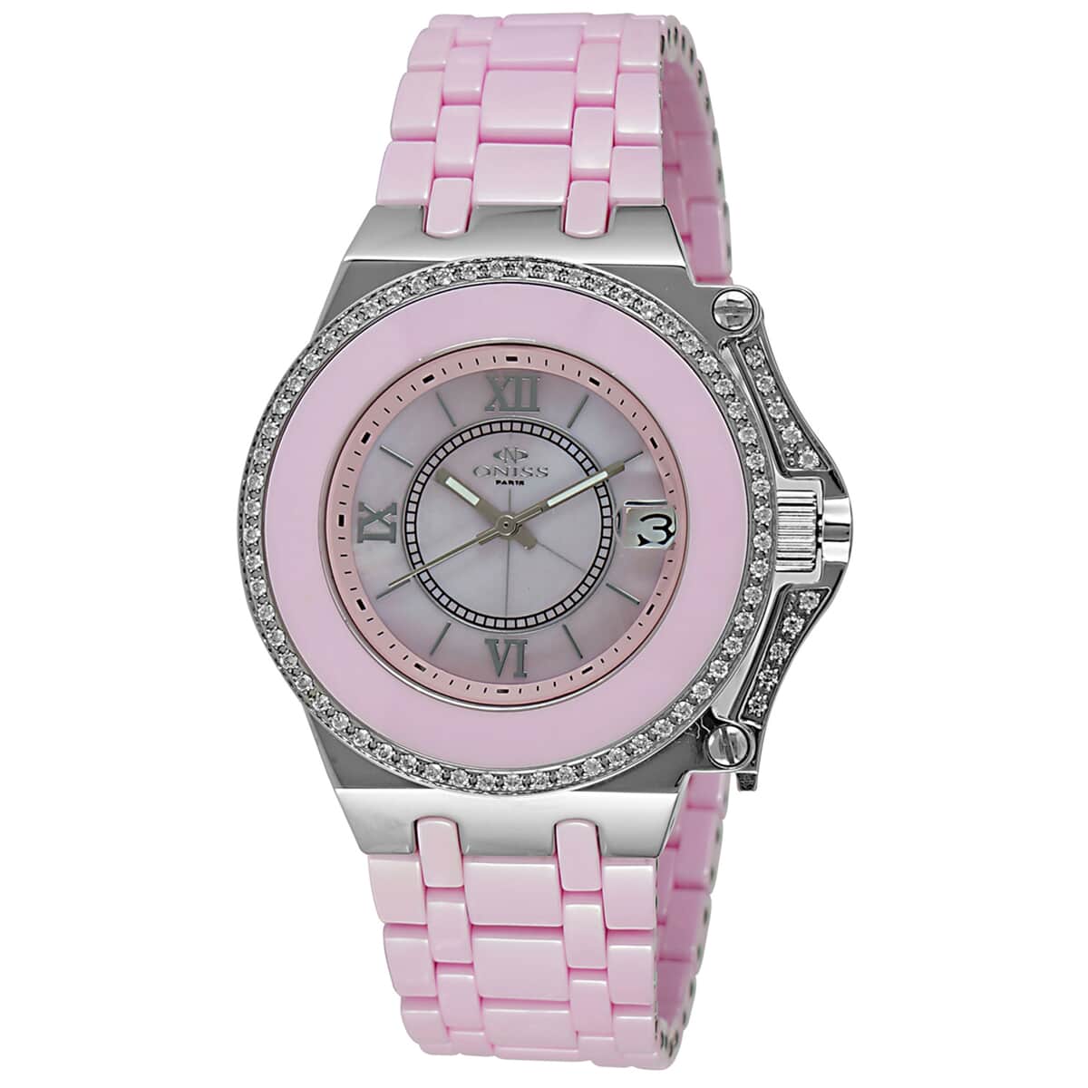 Oniss Austrian Crystal Swiss Movement Pink MOP Dial Watch in Pink Ceramic Strap (38.50 mm) , Designer Bracelet Watch , Analog Luxury Wristwatch image number 0