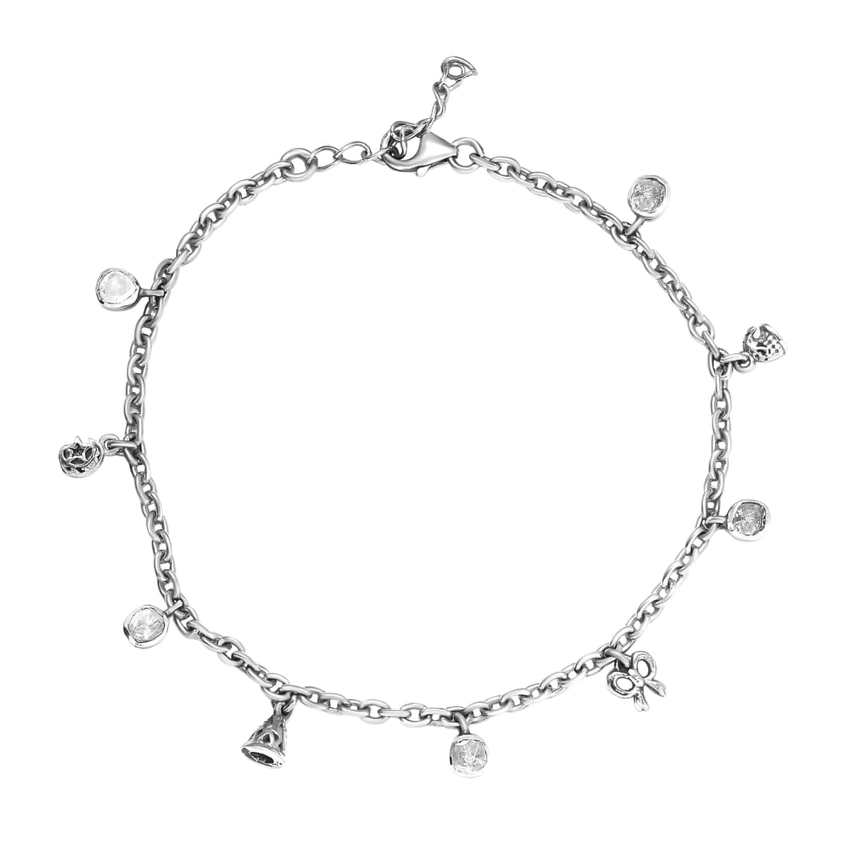 Polki Diamond Star and Moon, Bow, Bell and Hat Charms Bracelet in Sterling Silver (7.25 In) 0.50 ctw image number 0