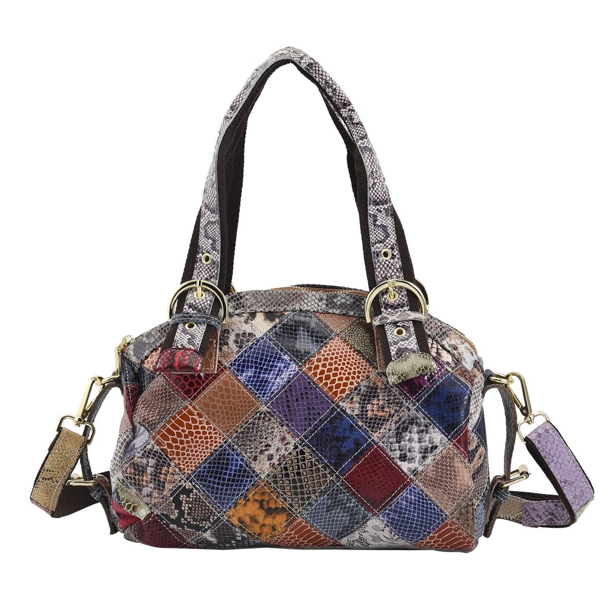 CHAOS Rainbow Color Snake Print Genuine Leather Convertible Tote Bag (12"x5"x9") with Long Strap image number 0