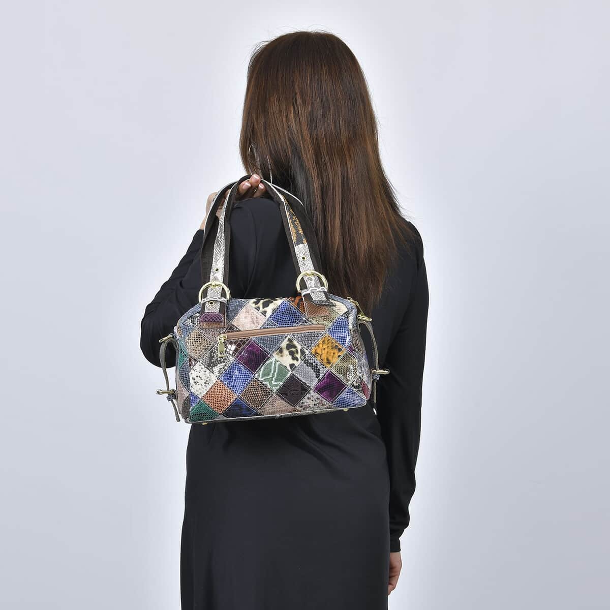 CHAOS Rainbow Color Snake Print Genuine Leather Convertible Tote Bag (12"x5"x9") with Long Strap image number 2