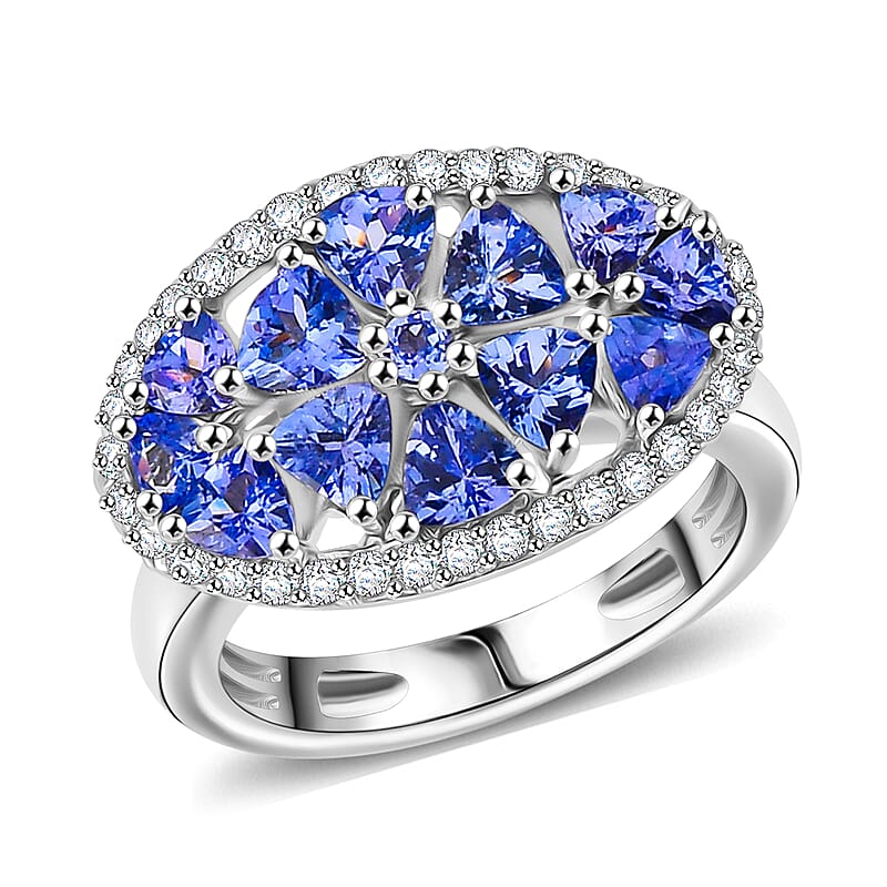 Tanzanite and White Zircon 2.20 ctw Ring in Platinum Over Sterling Silver (Size 8.0)