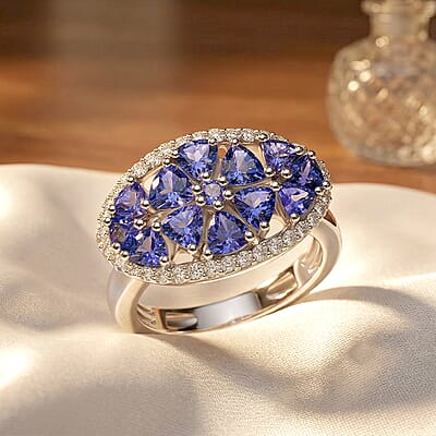 Tanzanite and White Zircon 2.20 ctw Ring in Platinum Over Sterling Silver (Size 8.0)